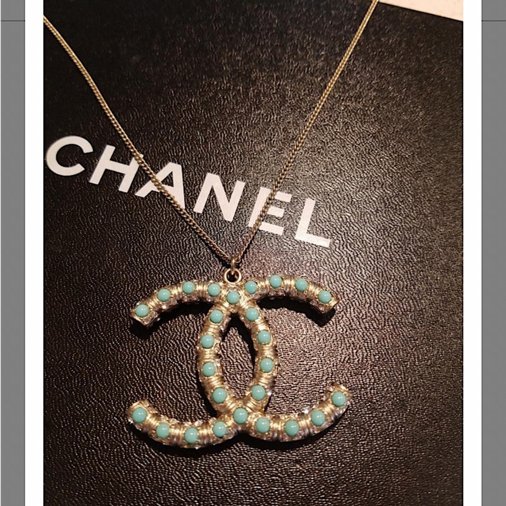 Chanel CC Logo Pale Brush Turquoise Necklace